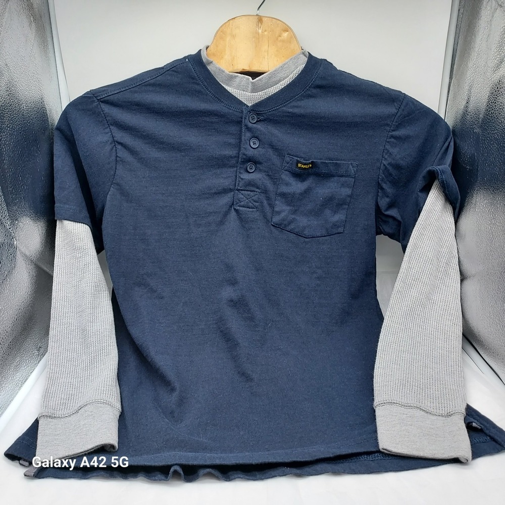 Stanley Mens Layered Henley Shirt Navy Blue Grey Thermal Long Sleeve Size L